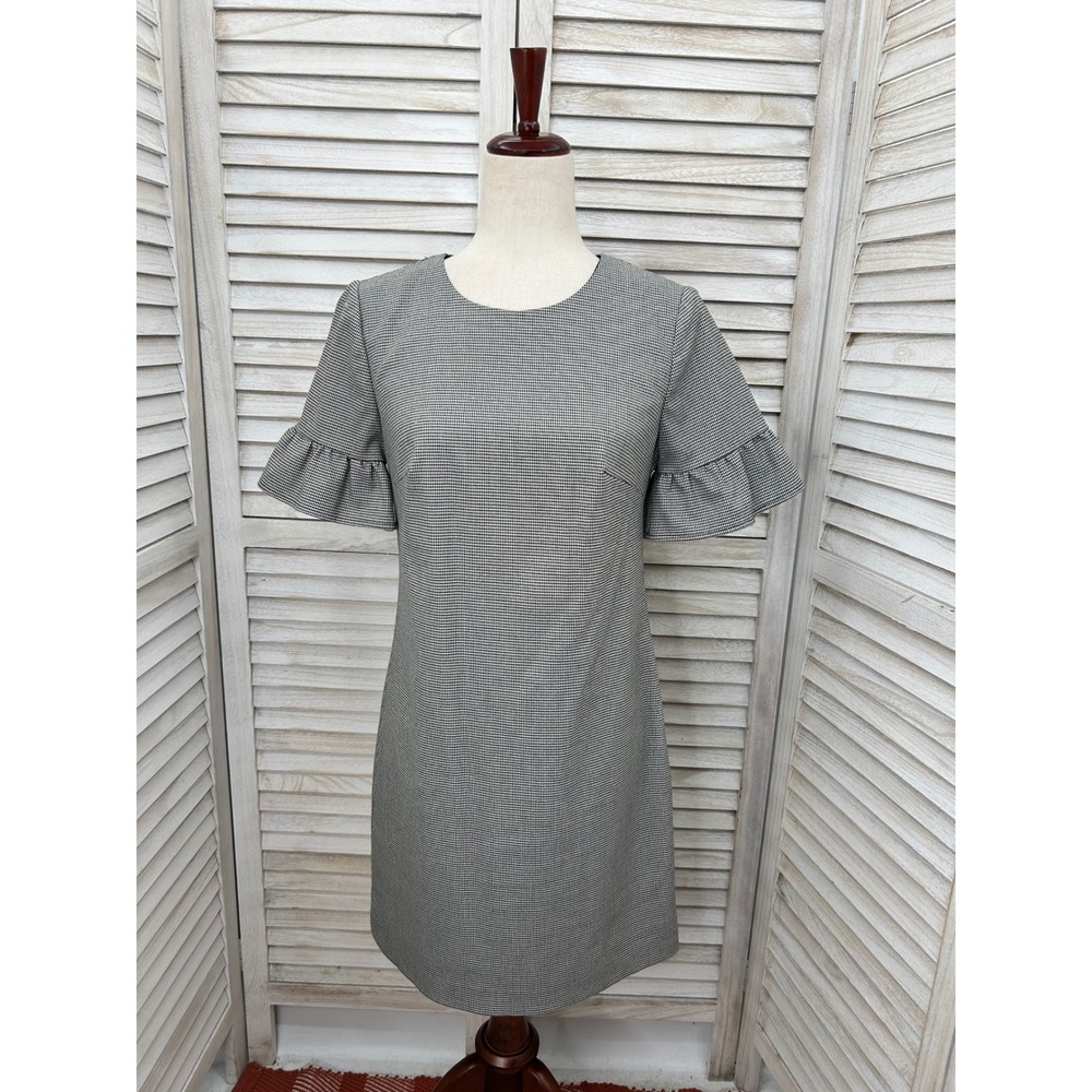 Trina Turk Ruffle Sleeve Dress Size 2 Black Ivory Houndstooth Preppy Twee Mini